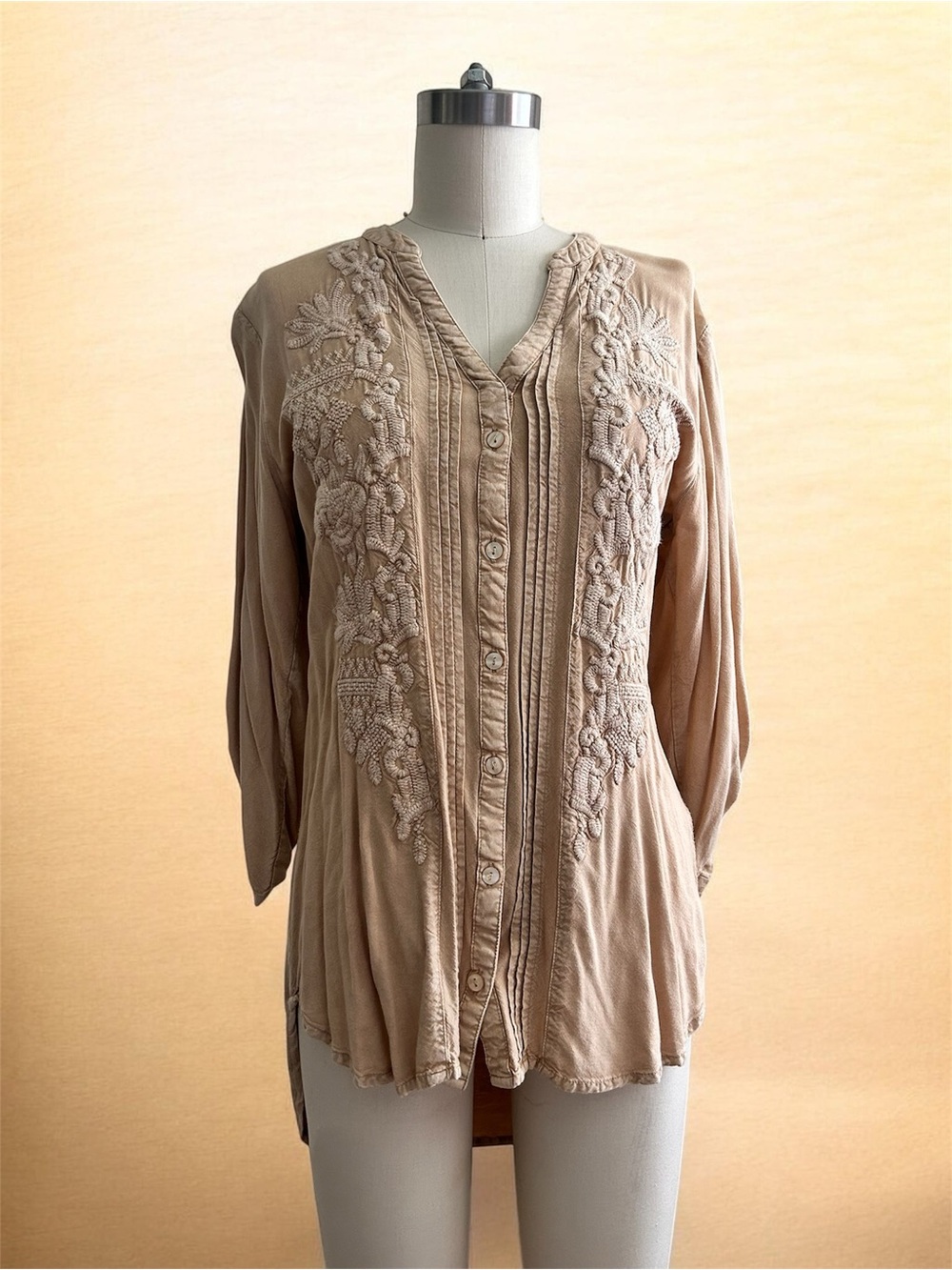 Solitaire Beige Embroidered Button-Down Blouse